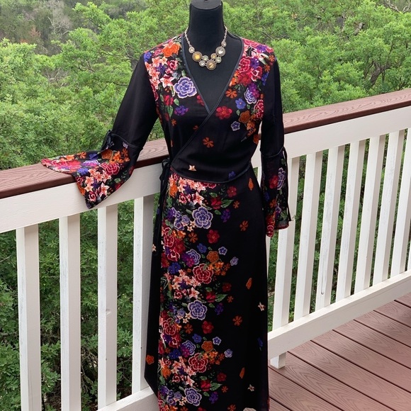 Dance & Marvel Black Floral Wrap‎ Dress - Picture 8 of 12